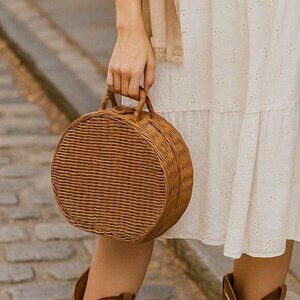 Woven Wicker Picnic Basket Carrying Case Handbag